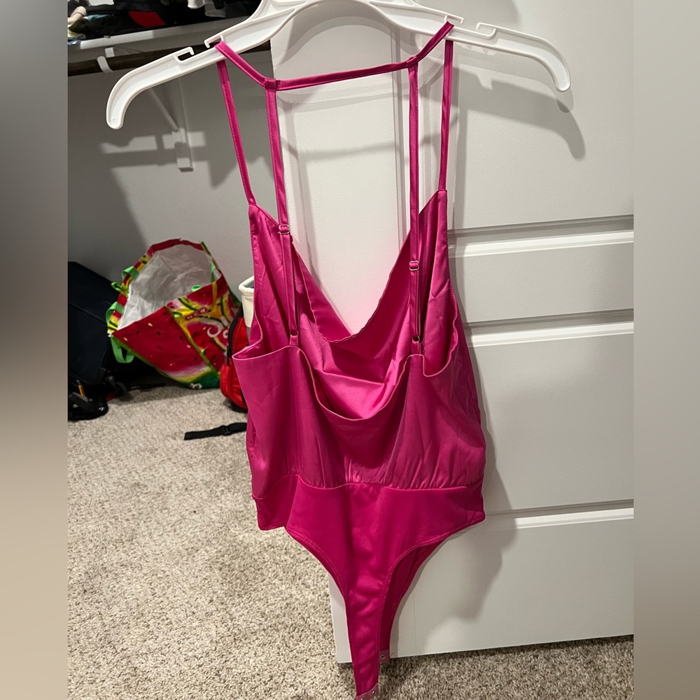 hot pink satin bodysuit